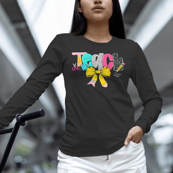 Teach Coquette Bow Teacher Back To School Happy First Day Women Long Sleeve T-Shirt, gift for family, gift for coworker
