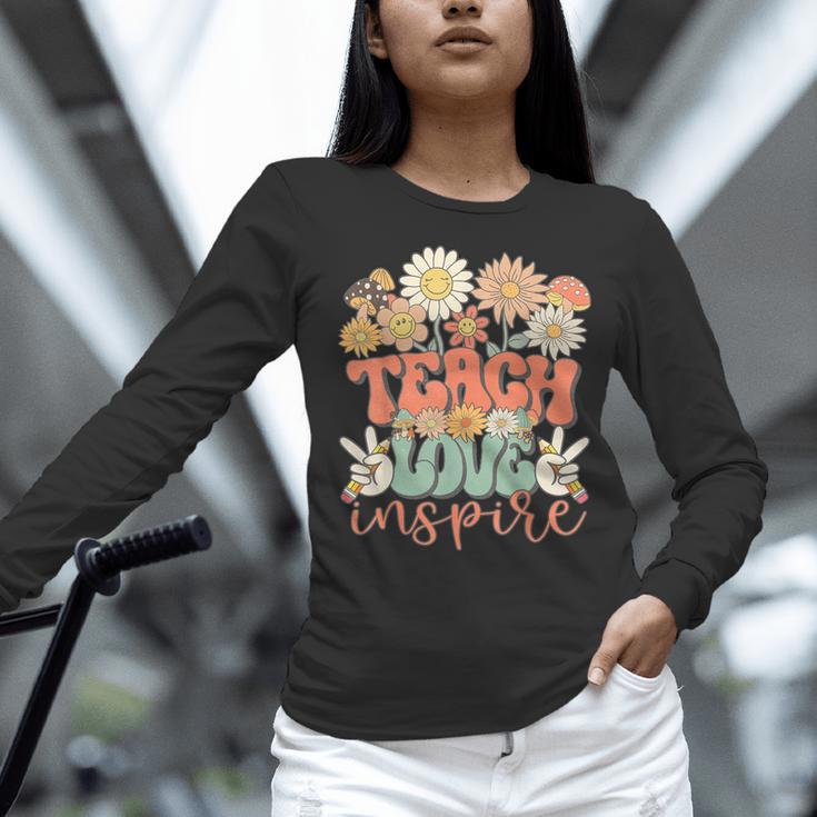 Teach Love Inspire Retro Groovy Daisy Back To School Teacher For Men Women Kids Women Long Sleeve T-Shirt, Groovy Teacher Shirts, gift for family, gift for coworker