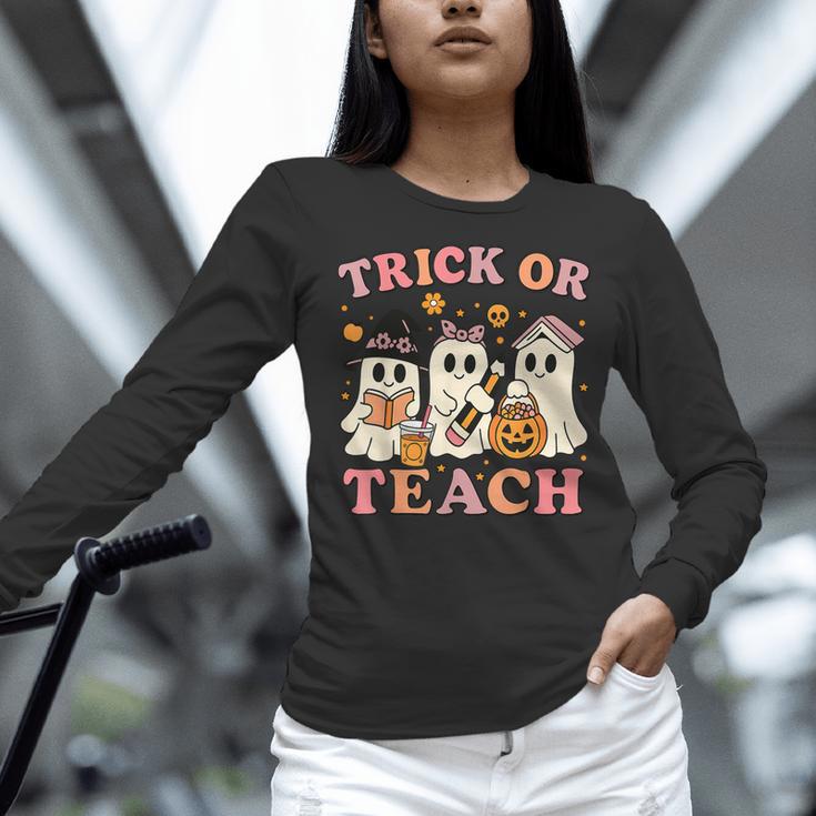 Teacher Halloween Trick Or Teach Cute Ghost Coffee Pumpkins Women Long Sleeve T-Shirt, gift for family, gift for coworker