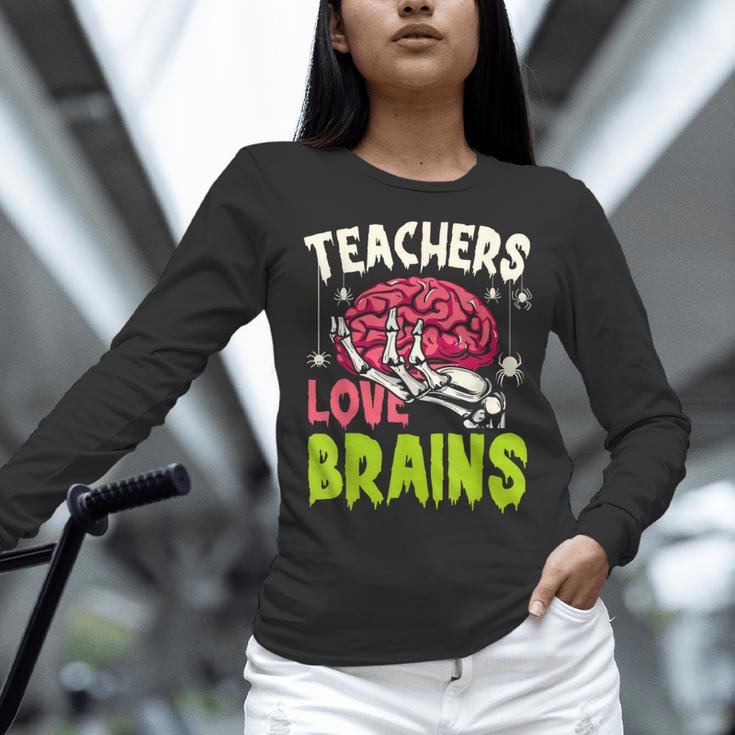 Teachers Love Brains Skeleton Halloween Teacher Funny Women Long Sleeve T-Shirt, gift for family, gift for coworker