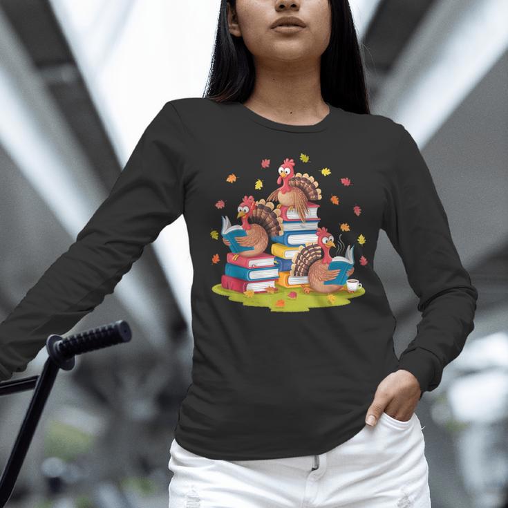 Turkey Reading Books Fall Season Thanksgiving Teacher Book Women Long Sleeve T-Shirt, gift for family, gift for coworker