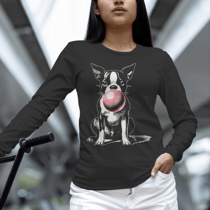 Vintage Boston Terrier Blowing Bubble Gum American Gentleman Women Long Sleeve T-Shirt, American Boston Terrier Shirts, gift for family, gift for coworker