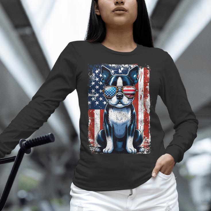 Vintage Boston Terrier Dog American USA US Flag Pets Lovers Tank Top Women Long Sleeve T-Shirt, American Boston Terrier Shirts, gift for family, gift for coworker