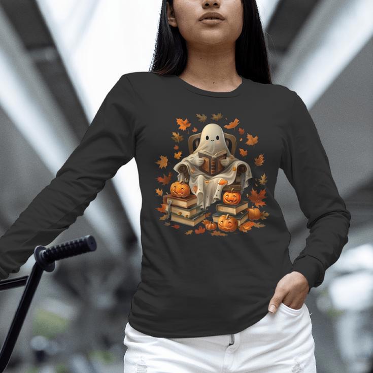 Vintage Ghost Book Reading Pumpkin Gothic Halloween Teachers Men Women Kids Women Long Sleeve T-Shirt, gift for family, gift for coworker