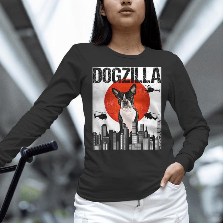 Vintage Japanese Dogzilla Boston Terrier Women Long Sleeve T-Shirt, gift for family, gift for coworker