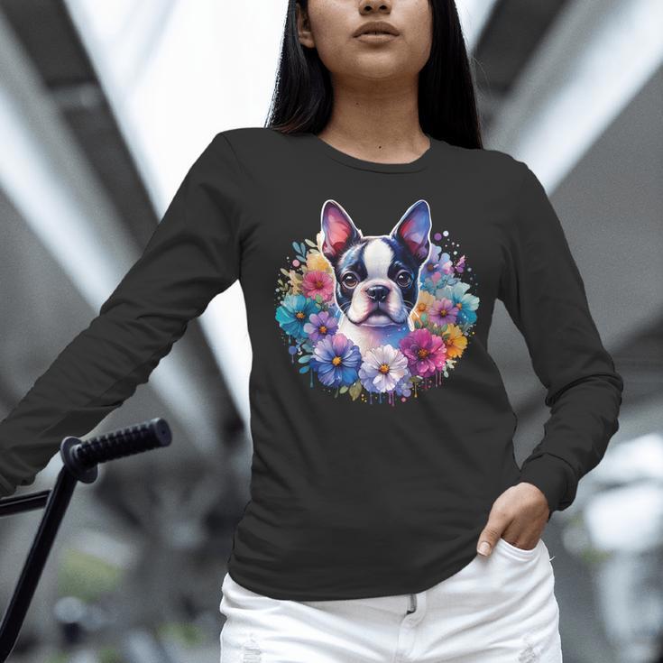 Watercolor Floral Boston Terrier Mama Dog Lover Mother's Day Women Long Sleeve T-Shirt, gift for family, gift for coworker
