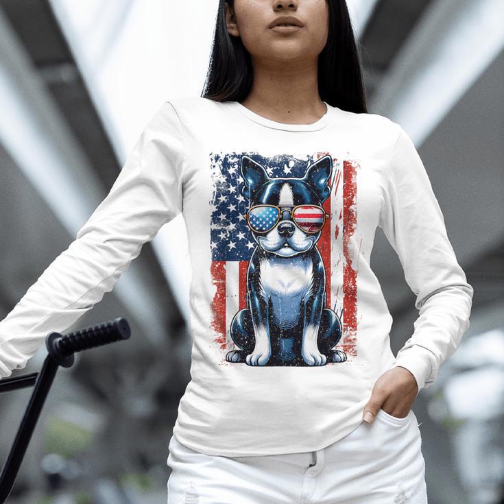 Boston Terrier Dog American USA US Flag Pets Vintage Outfit Women Long Sleeve T-Shirt, American Boston Terrier Shirts, gift for family, gift for coworker