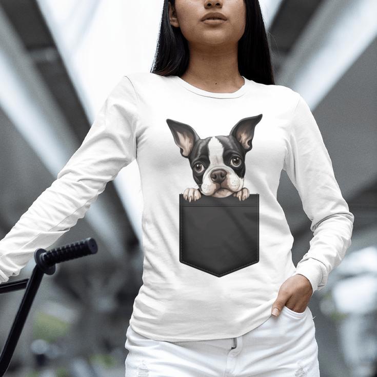 Boston Terrier Dog Puppy Dog In Pocket Cute Pet Lover Women Long Sleeve T-Shirt, gift for family, gift for coworker