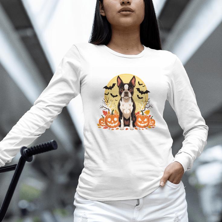 Boston Terrier Halloween Dog Lover Pumpkin Costume Women Long Sleeve T-Shirt, Boston Terrier Halloween Shirts, gift for family, gift for coworker