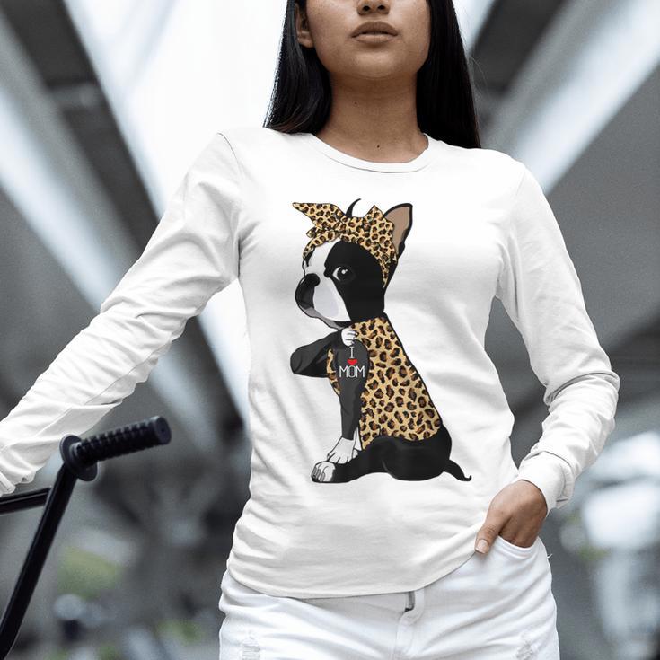 Boston Terrier Lover I Love Mom Tattoo Leopard Women Long Sleeve T-Shirt, Boston Terrier Mom Shirts, gift for family, gift for coworker