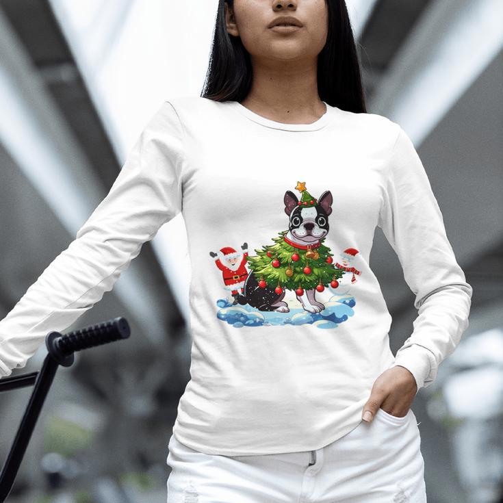 Boston Terrier Merry Christmas Tree Lights Dog X-Mas Dogs Women Long Sleeve T-Shirt, Boston Terrier Christmas Shirts, gift for family, gift for coworker