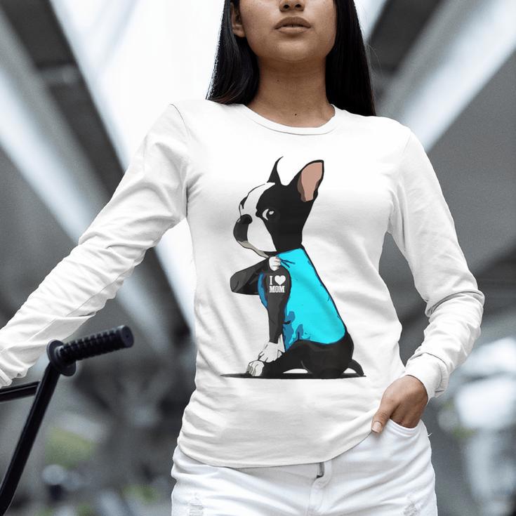 Boston Terrier Tattoos I Love Mom Women Long Sleeve T-Shirt, Boston Terrier Mom Shirts, gift for family, gift for coworker