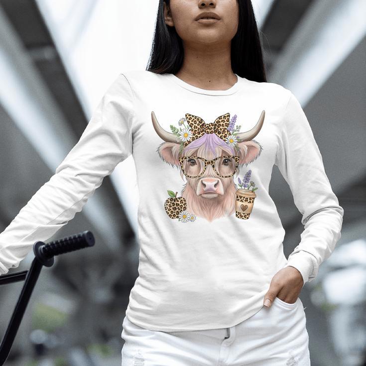 Cute Floral Highland Cow Back To School For Women Teacher Women Long Sleeve T-Shirt, gift for family, gift for coworker