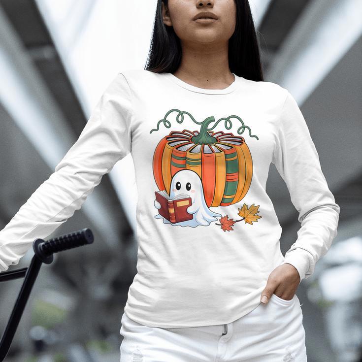 Fall Book Pumpkin Books Ghost Reading Halloween Teacher Women Long Sleeve T-Shirt, gift for family, gift for coworker