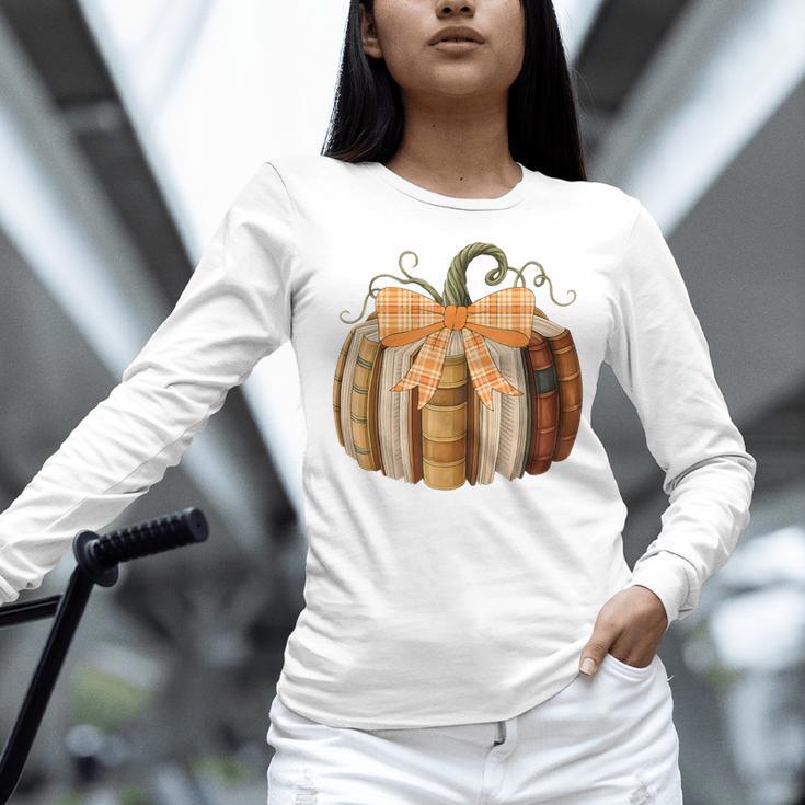Fall Book Pumpkin Halloween Teacher Librarian Thanksgiving Women Long Sleeve T-Shirt, gift for family, gift for coworker