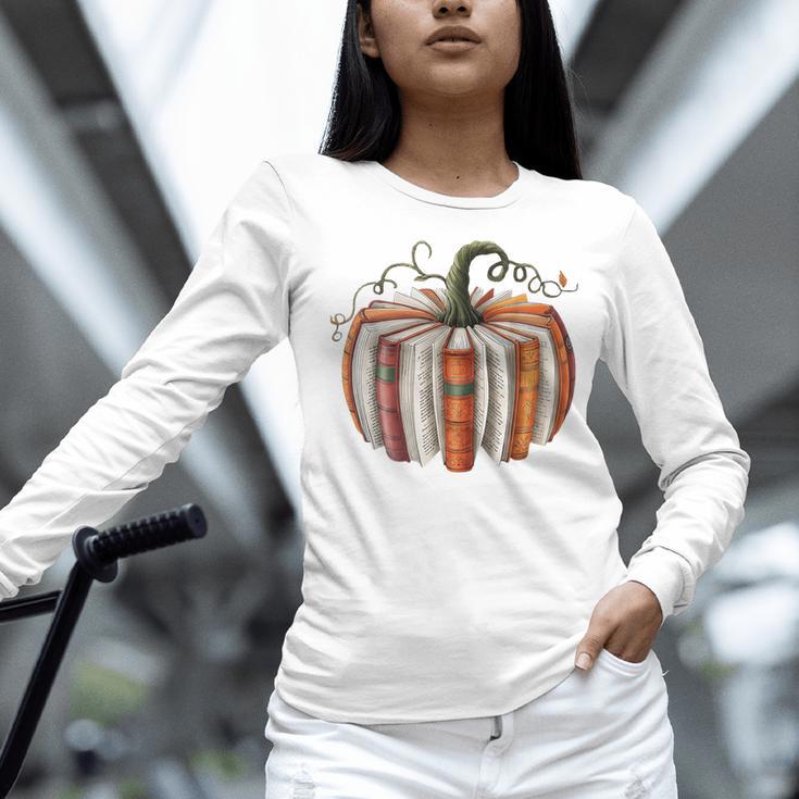 Halloween Teacher Librarians Fall Book Pumpkin Retro Reading Women Long Sleeve T-Shirt, gift for family, gift for coworker