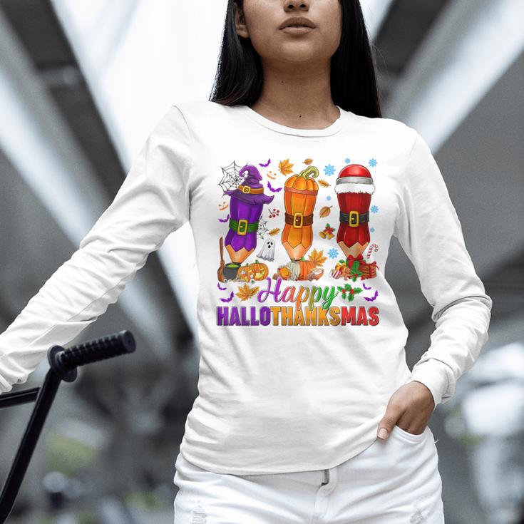 Happy Hallothanksmas Halloween Thanksgiving Pencils Teachers Women Long Sleeve T-Shirt, gift for family, gift for coworker