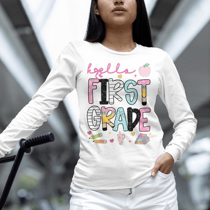 Hello First Grade Teacher Coquette Pencil Bow Back To School Women Long Sleeve T-Shirt, First Grade Teacher Shirts, gift for family, gift for coworker Hello First Grade Teacher Coquette Pencil Bow Back To School Women Long Sleeve T-Shirt, First Grade Teacher Shirts, gift for family, gift for coworker