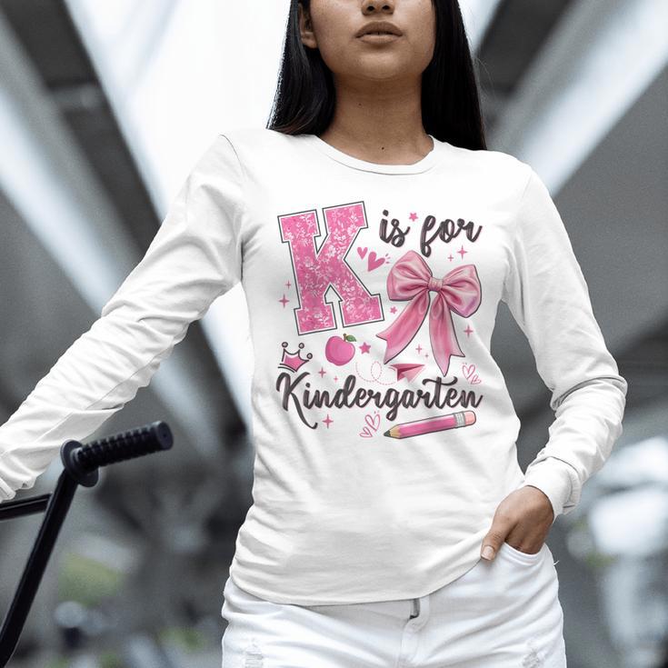 K Is For Kindergarten Teacher Coquette Bow Back To School Women Long Sleeve T-Shirt, gift for family, gift for coworker K Is For Kindergarten Teacher Coquette Bow Back To School Women Long Sleeve T-Shirt, gift for family, gift for coworker