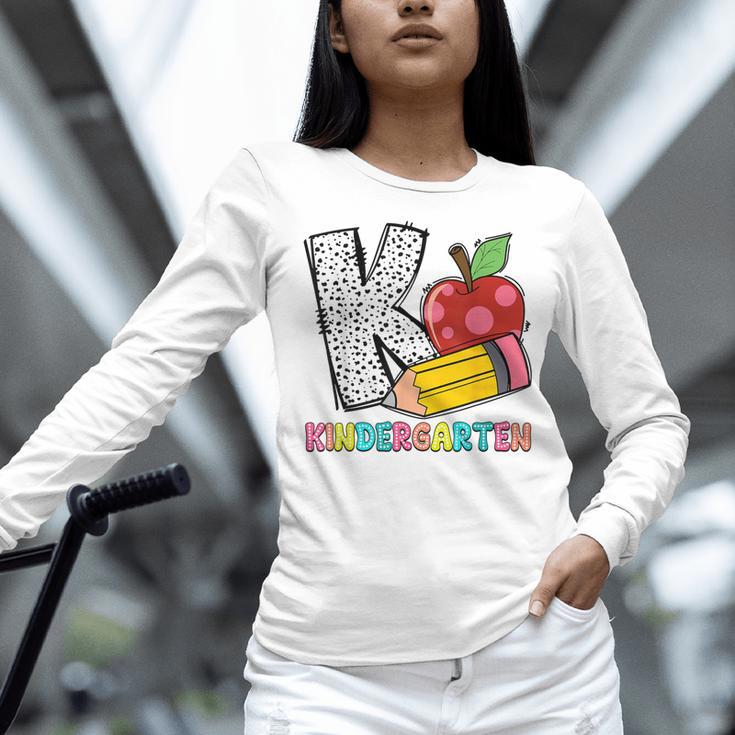 K Is For Kindergarten Teacher Pencil Apple Back To School Women Long Sleeve T-Shirt, gift for family, gift for coworker K Is For Kindergarten Teacher Pencil Apple Back To School Women Long Sleeve T-Shirt, gift for family, gift for coworker