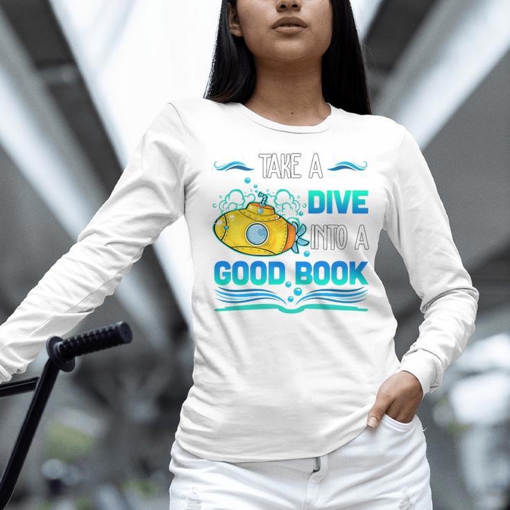 Librarian Teacher Dive Into A Good Book Reading Premium Tri-Blend Women Long Sleeve T-Shirt, gift for family, gift for coworker