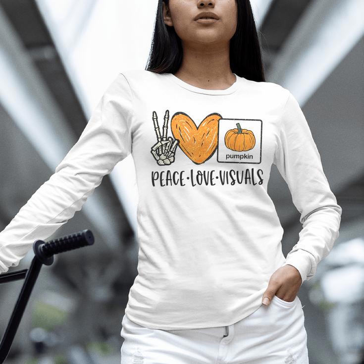 Peace Love Visuals Sped Teacher Pumpkin Skeleton Halloween Women Long Sleeve T-Shirt, gift for family, gift for coworker