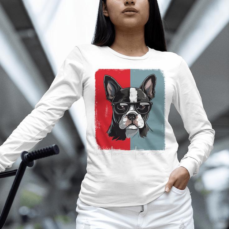 Retro Boston Terrier Dog Lover Bostie Mom Dad Dog Owner Women Long Sleeve T-Shirt, Boston Terrier Dad Shirts, Boston Terrier Mom Shirts, gift for family, gift for coworker
