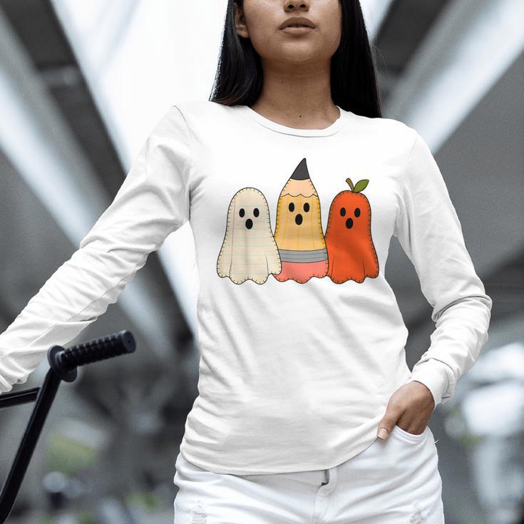 Retro Pencil Ghost Boo Spooky Teacher Halloween Costume Women Long Sleeve T-Shirt, gift for family, gift for coworker