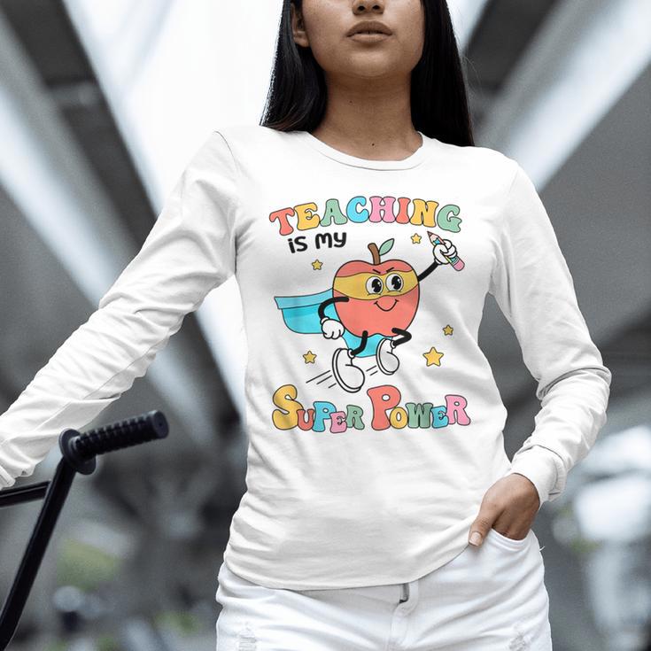 Retro Teaching Is My Superpower Apple Teacher Appreciation Women Long Sleeve T-Shirt, gift for family, gift for coworker