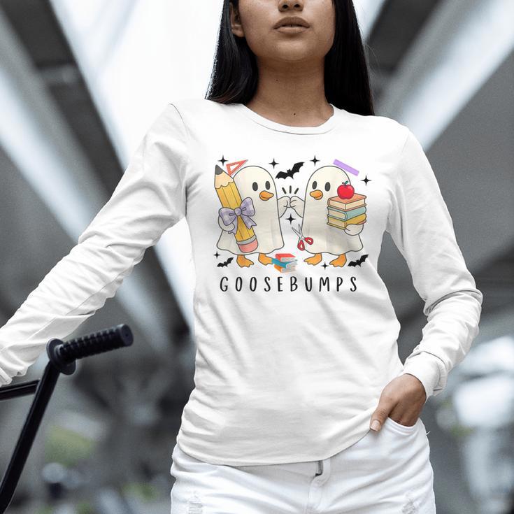 Silly Goose Spooky Teacher Halloween Cute Goosebumps Women Long Sleeve T-Shirt, gift for family, gift for coworker