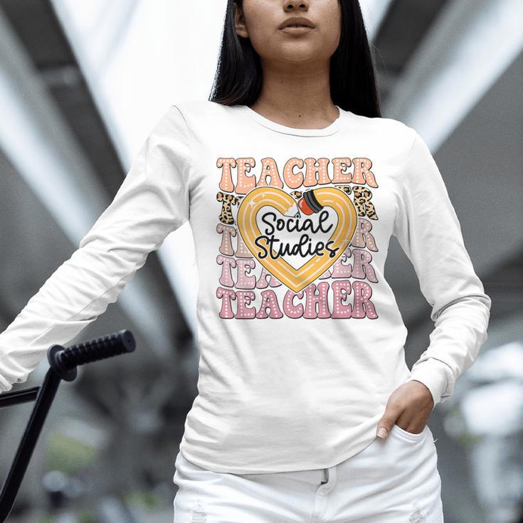 Social Studies Teacher Pencil Heart Leopard Back To School Women Long Sleeve T-Shirt, gift for family, gift for coworker