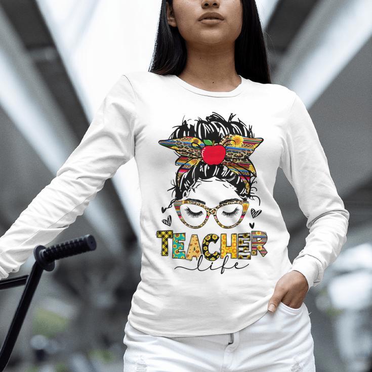 Teacher Life Messy Bun Glasses Leopard Sunflower Women Long Sleeve T-Shirt, gift for family, gift for coworker