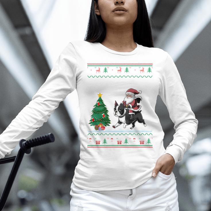 Ugly Christmas Tree Lights Xmas Santa Riding Boston Terrier Women Long Sleeve T-Shirt, Boston Terrier Christmas Shirts, Boston Terrier Riding Shirts, gift for family, gift for coworker