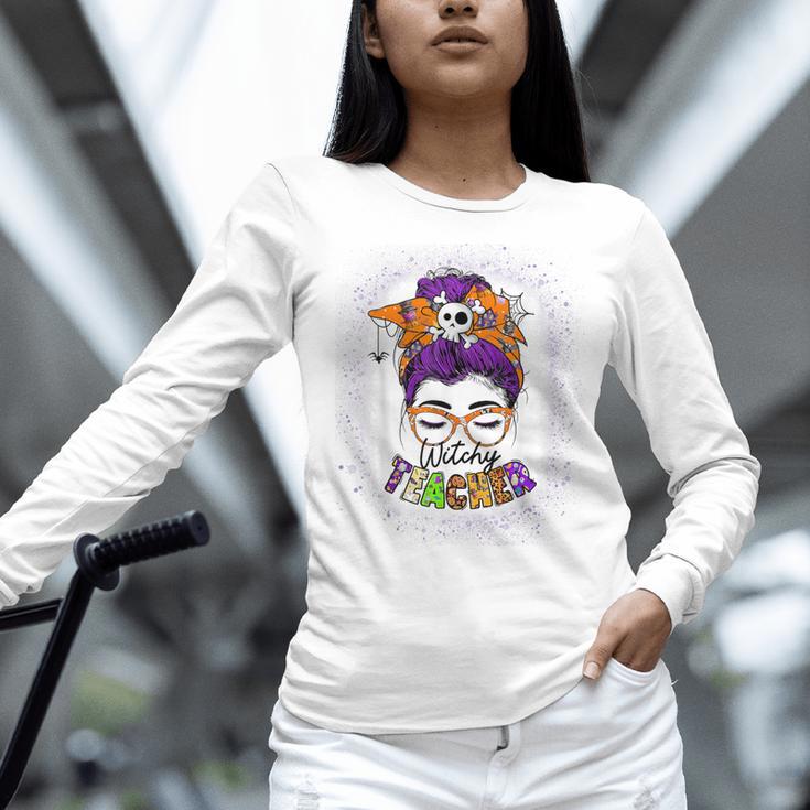 Witchy Teacher Halloween Messy Bun Teacher Bleached Women Long Sleeve T-Shirt, gift for family, gift for coworker Witchy Teacher Halloween Messy Bun Teacher Bleached Women Long Sleeve T-Shirt, gift for family, gift for coworker