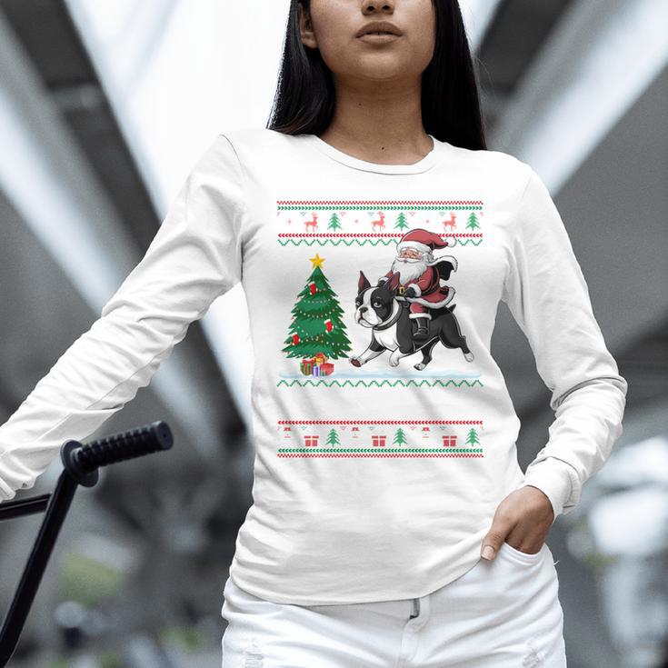 Xmas Tree Lighting Santa Riding Boston Terrier Christmas Women Long Sleeve T-Shirt, Boston Terrier Christmas Shirts, Boston Terrier Riding Shirts, gift for family, gift for coworker