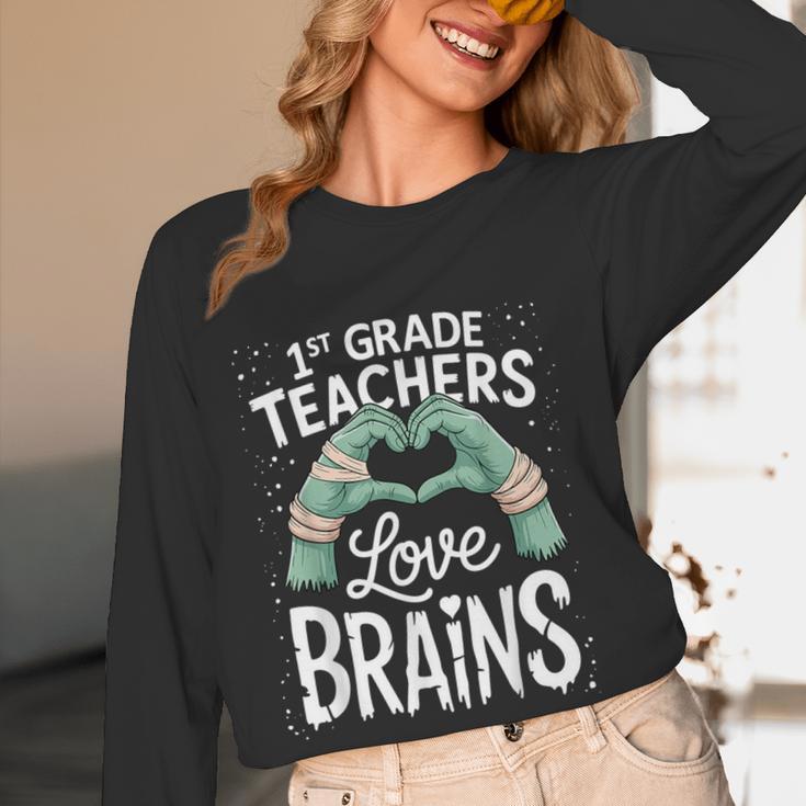 1st Grade Teachers Love Brains Shirt Halloween Teacher Women Long Sleeve T-Shirt, novelty gifts, funny gifts