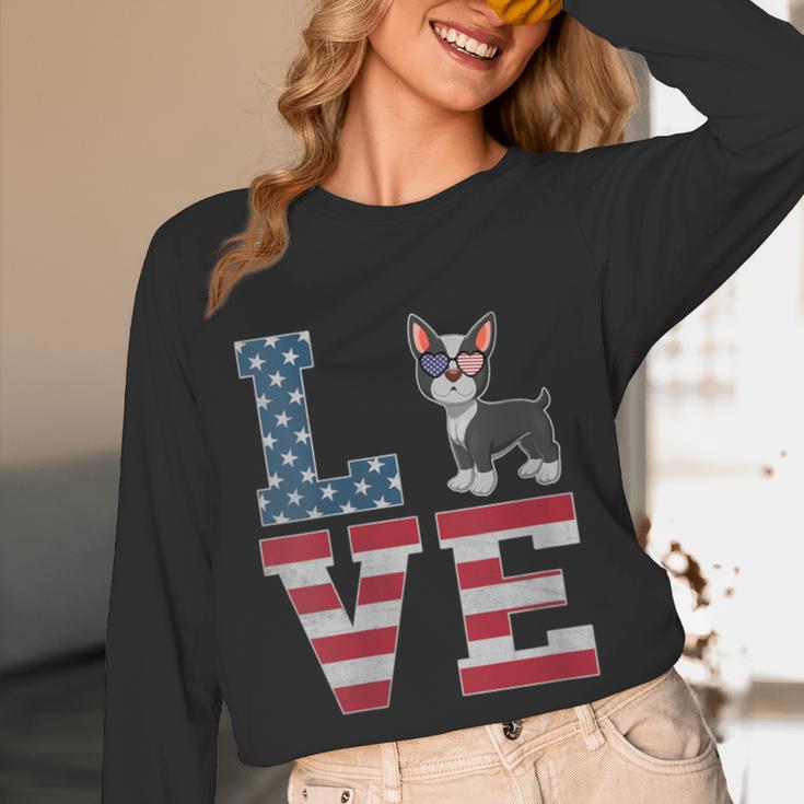 4th Of July Decor Patriotic LOVE Boston Terrier USA Flag Women Long Sleeve T-Shirt, novelty gifts, funny gifts