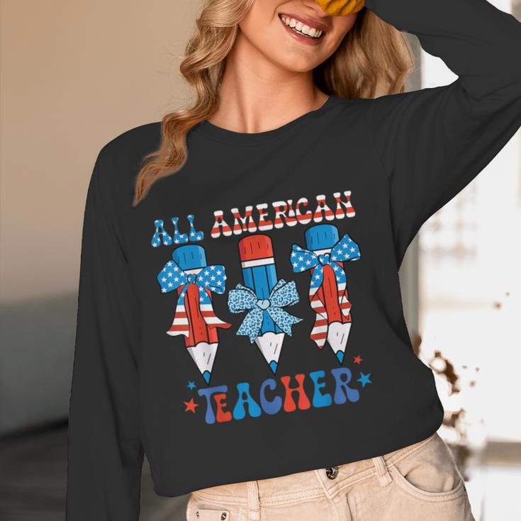 All American Teacher Pencil Coquette Bow USA Flag Teachers Women Long Sleeve T-Shirt, novelty gifts, funny gifts