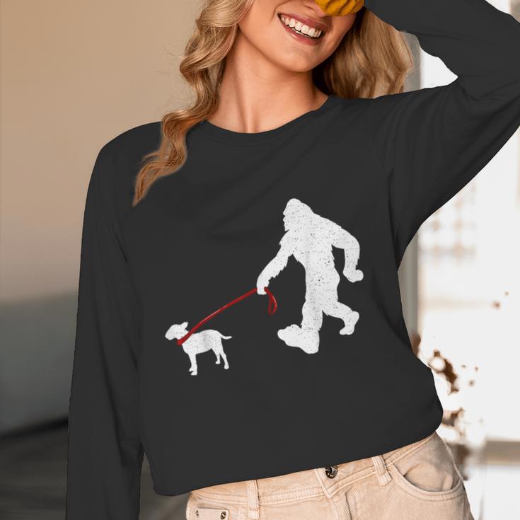 Bigfoot Walking With Bull Terrier Dog Women Long Sleeve T-Shirt, novelty gifts, funny gifts