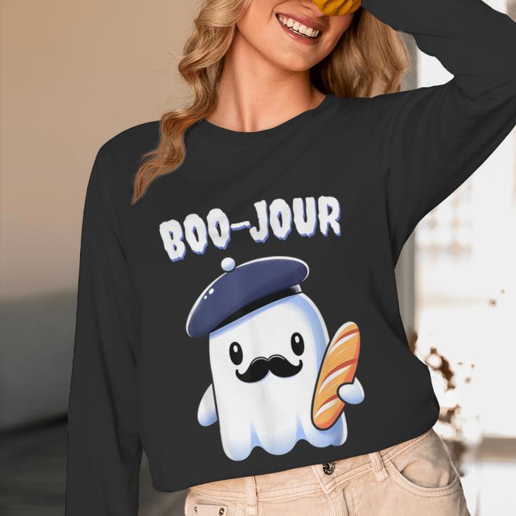 Boo Jour Ghost French Teacher Vintage Teacherlife Groovy Women Long Sleeve T-Shirt, novelty gifts, funny gifts