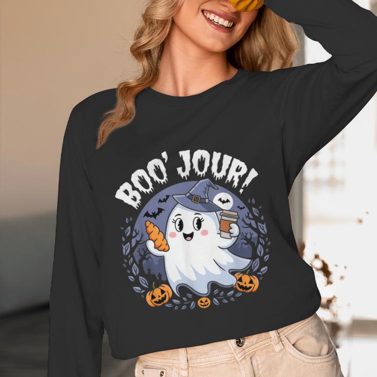 Boo Jour Ghost Halloween French Teacher Cute Coffe Croissant Women Long Sleeve T-Shirt, novelty gifts, funny gifts