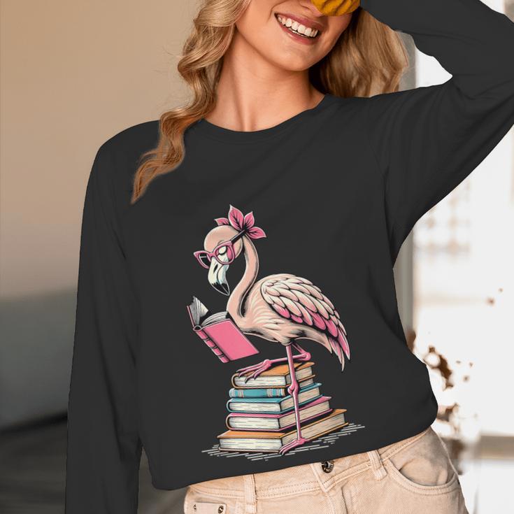 Book Lover Cute Flamingo Reading Teacher Librarian Women Women Long Sleeve T-Shirt, novelty gifts, funny gifts
