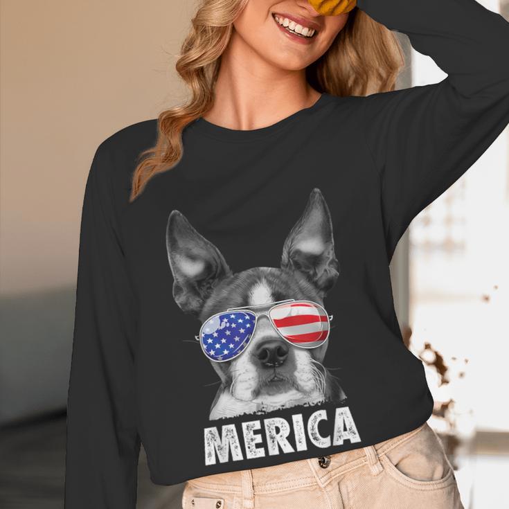 Boston Terrier 4th Of July Merica Men Women USA Flag Vintage Women Long Sleeve T-Shirt, novelty gifts, funny gifts