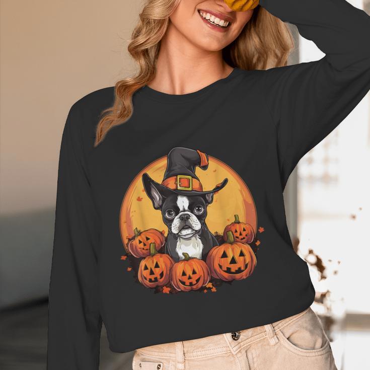 Boston Terrier Bostie Dog Breed Pet Halloween Pumpkins Women Long Sleeve T-Shirt, novelty gifts, funny gifts