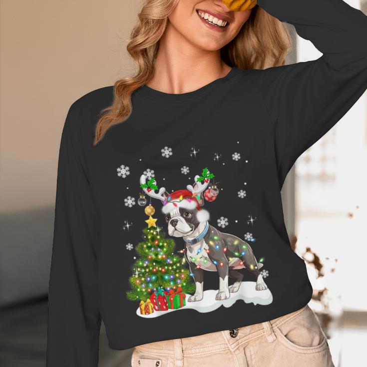 Boston Terrier Christmas Tree Lights Santa Hat Women Long Sleeve T-Shirt, novelty gifts, funny gifts