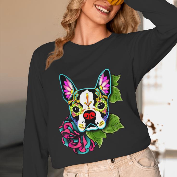 Boston Terrier In Day Of The Dead Sugar Skull Dog Women Long Sleeve T-Shirt, novelty gifts, funny gifts