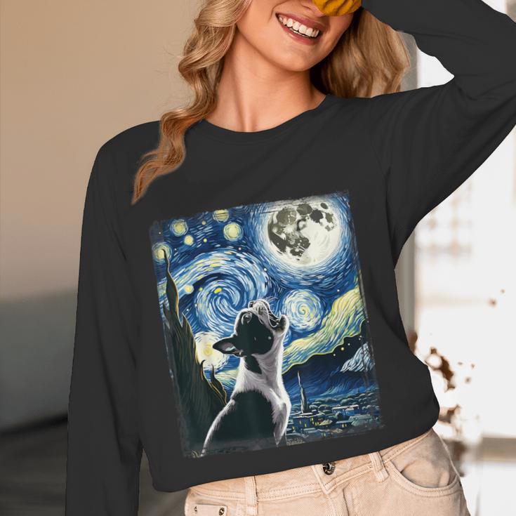 Boston Terrier Dog Art Van Gogh Starry Night Boston Terrier Women Long Sleeve T-Shirt, novelty gifts, funny gifts