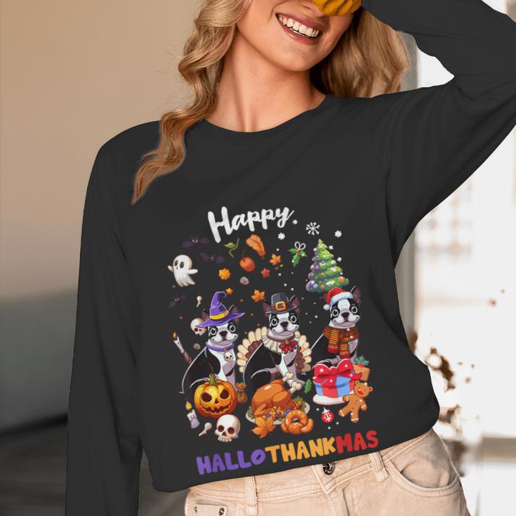 Boston Terrier Dog Christmas Happy Hallothankmas Halloween For Men Women Kids Women Long Sleeve T-Shirt, novelty gifts, funny gifts