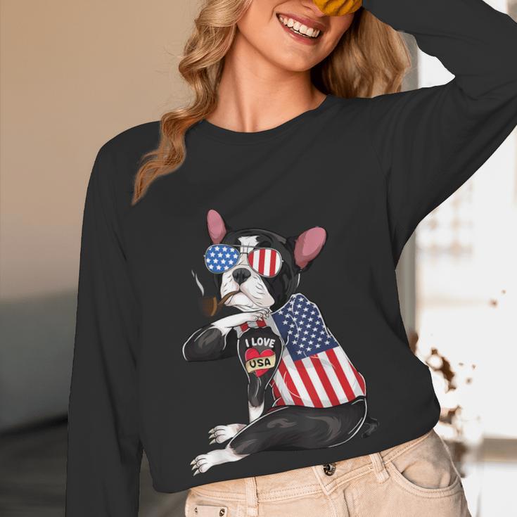 Boston Terrier Dog Merica 4th Of July Usa American Flag Men Women Long Sleeve T-Shirt, novelty gifts, funny gifts