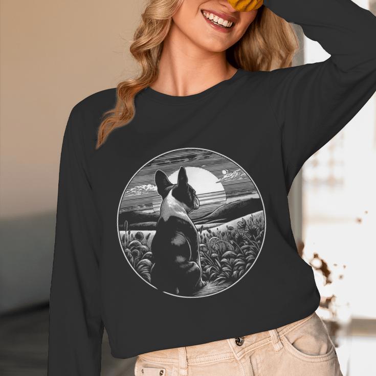 Boston Terrier Dog Nature Scene Graphic Art Men Women Girls Kids Women Long Sleeve T-Shirt, novelty gifts, funny gifts